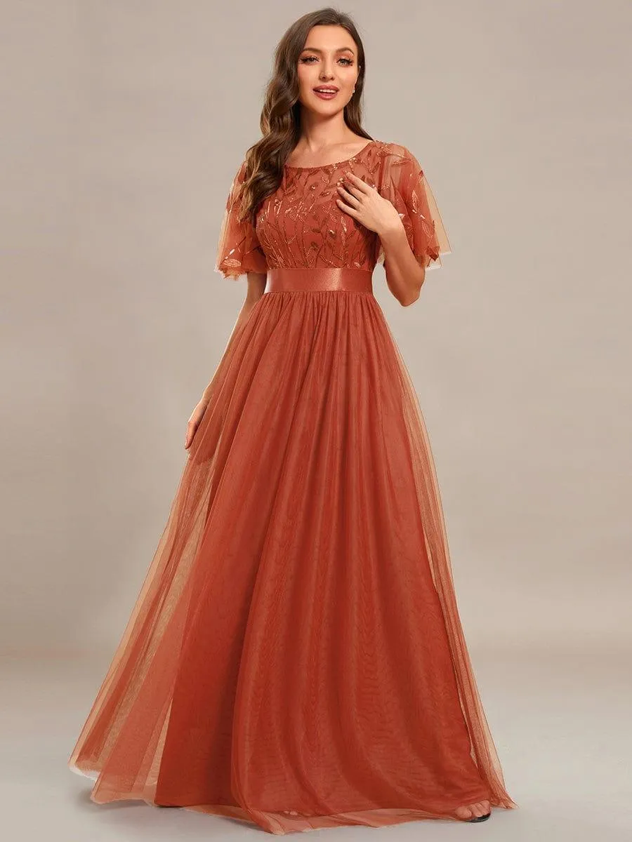 Women's A-Line Short Sleeve Embroidery Floor Length Evening Dresses