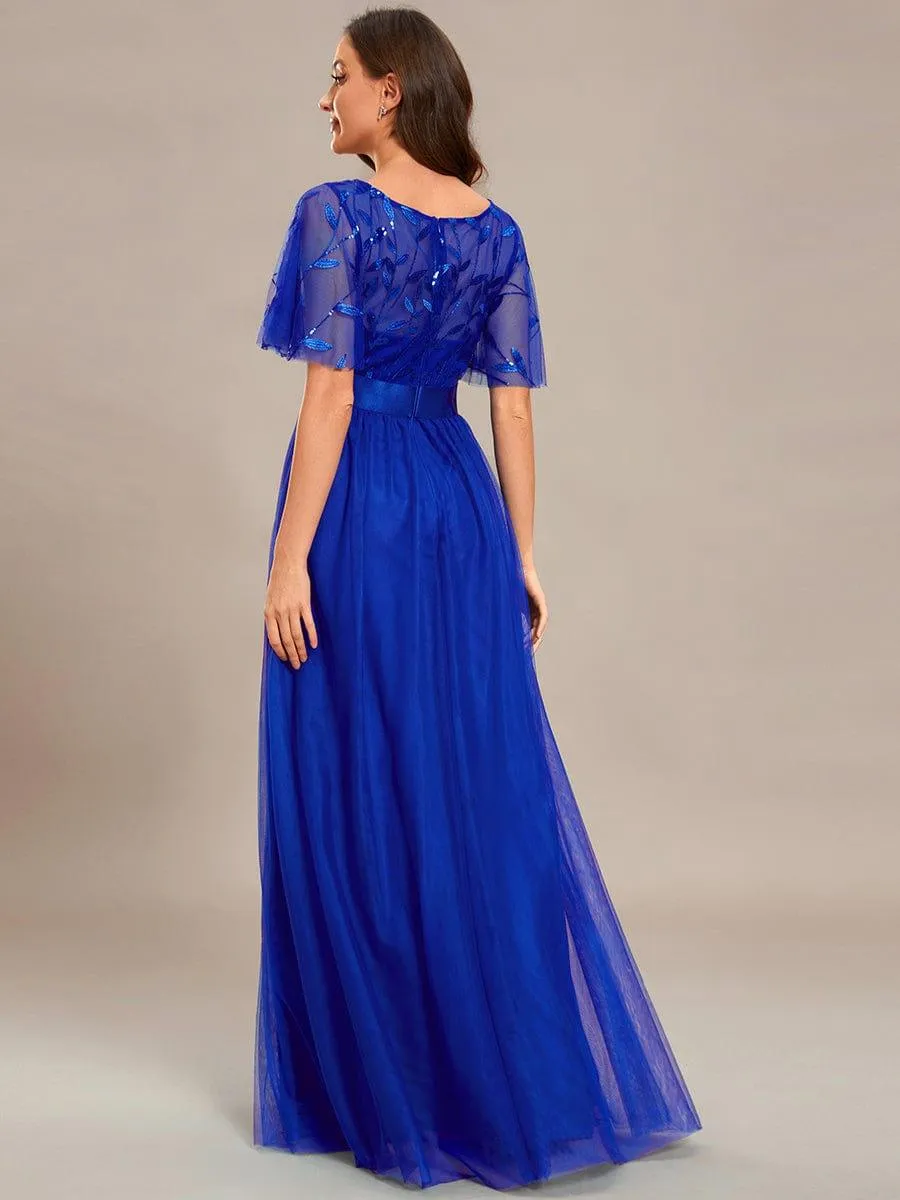 Women's A-Line Short Sleeve Embroidery Floor Length Evening Dresses