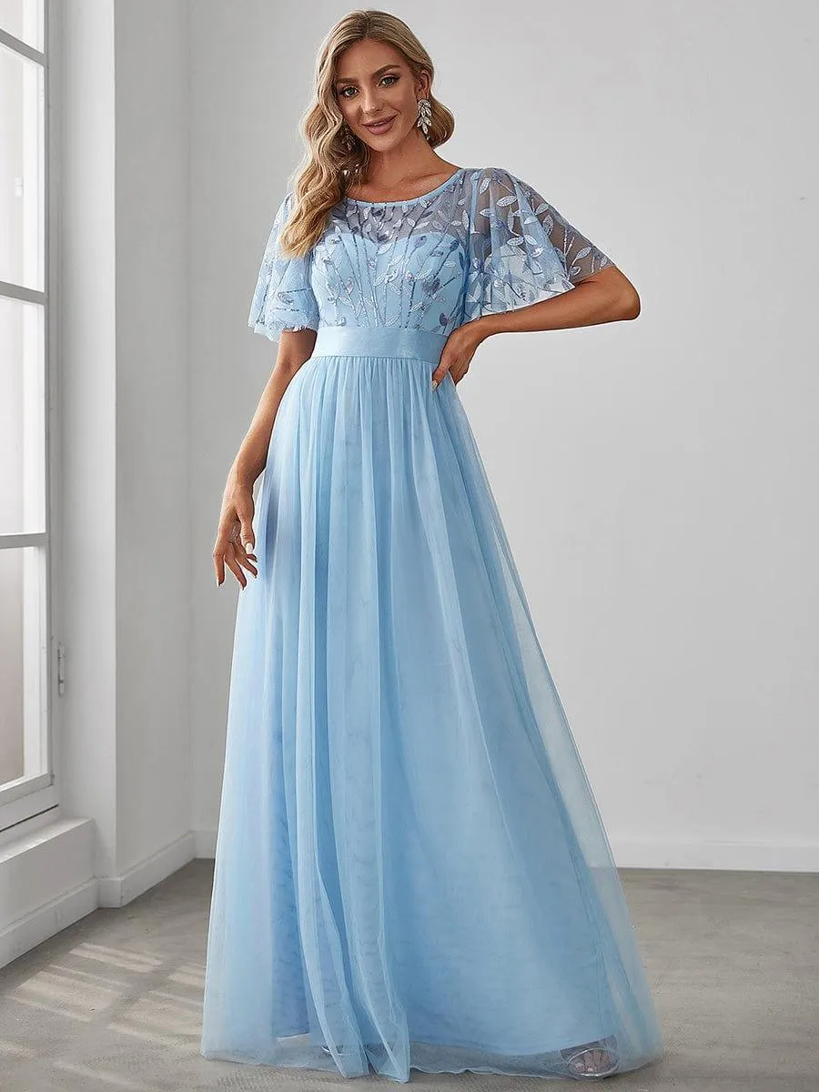 Women's A-Line Short Sleeve Embroidery Floor Length Evening Dresses