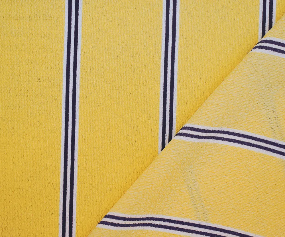 Yellow-Navy-White Stripe Printed Poly Crepe Georgette Woven Fabric