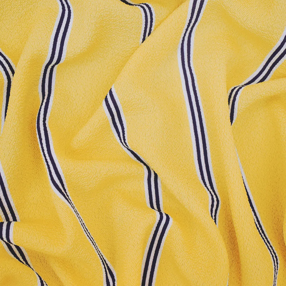 Yellow-Navy-White Stripe Printed Poly Crepe Georgette Woven Fabric