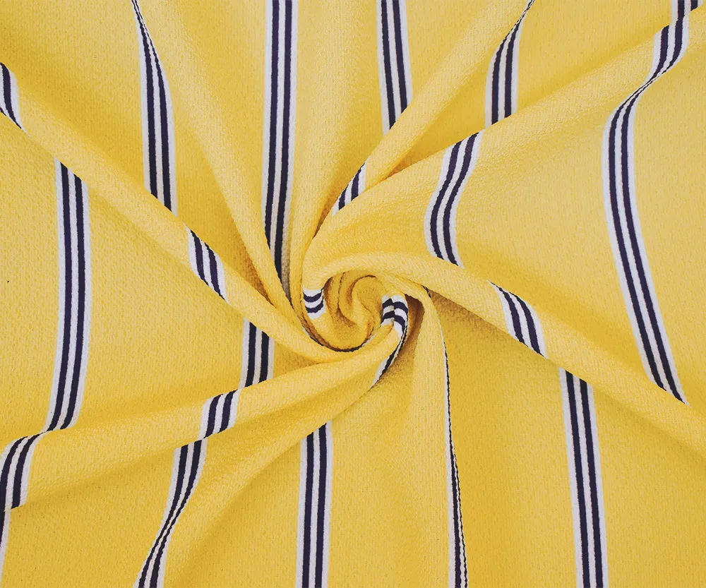 Yellow-Navy-White Stripe Printed Poly Crepe Georgette Woven Fabric